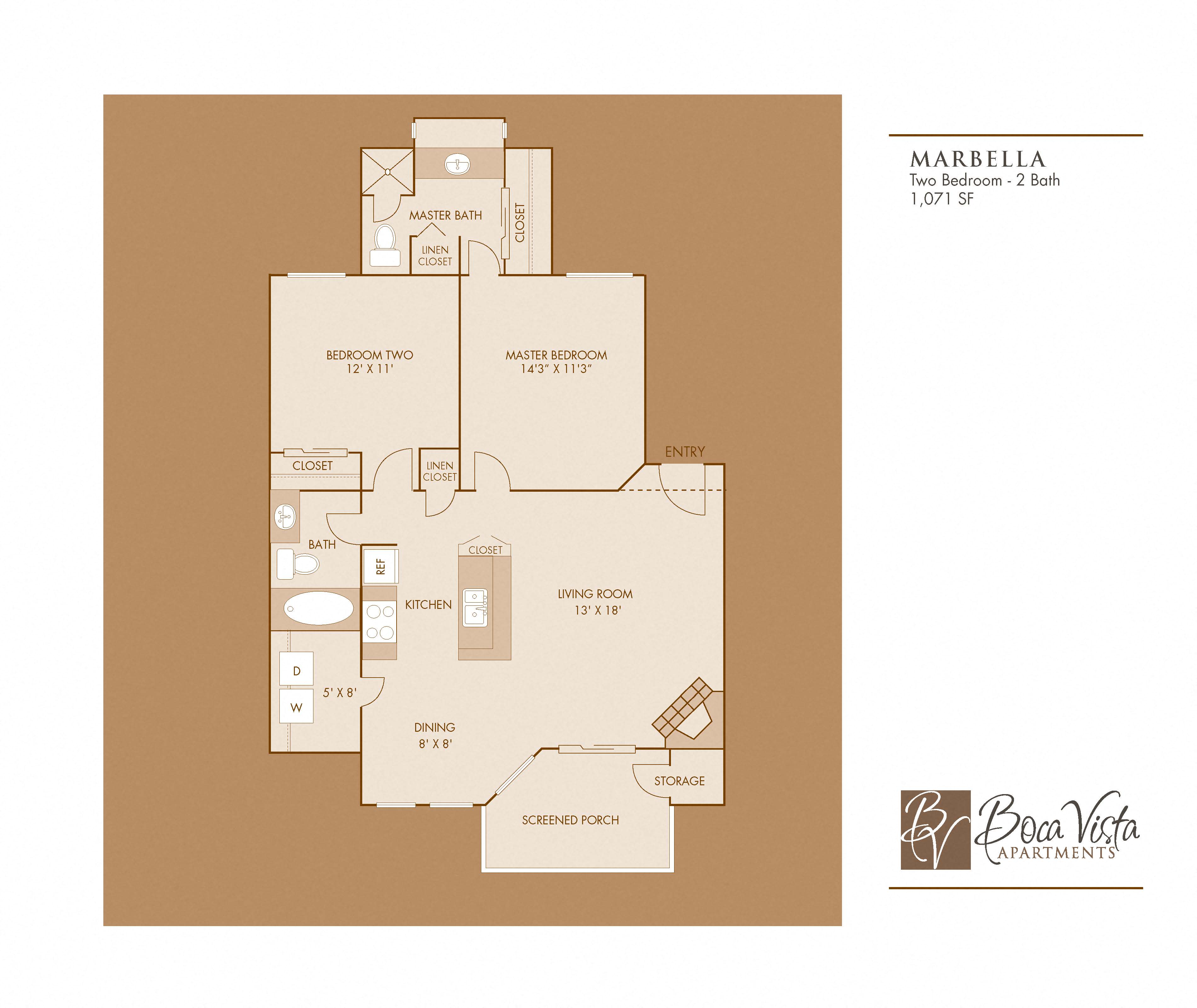 Floor plan for 2 beds, 2 baths, 1140 sqft